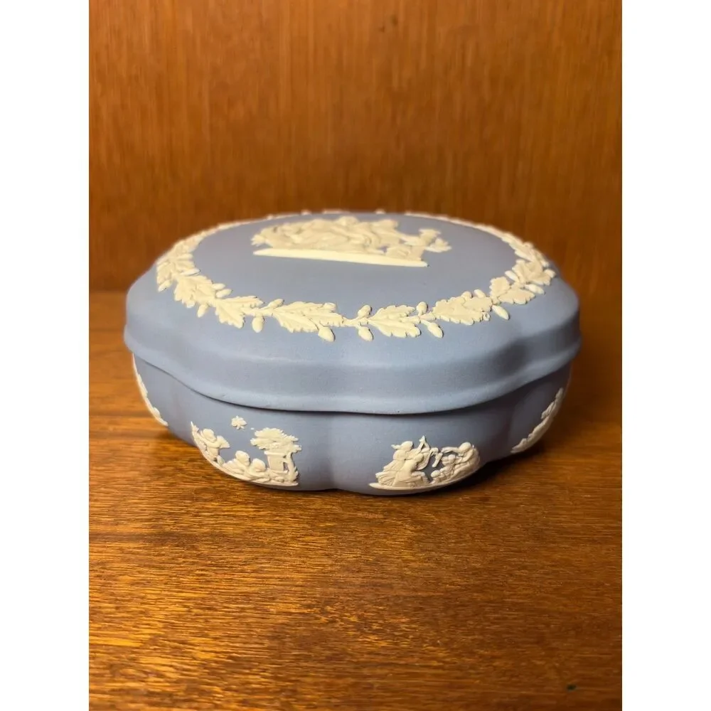 Vintage Wedgwood Blue Jasperware Trinket Box Classical Figures Made in England